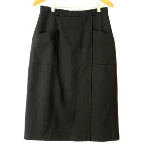 Dodwell Vintage Black Midi Skirt Pockets Front Slit 100% Wool 80's 90's